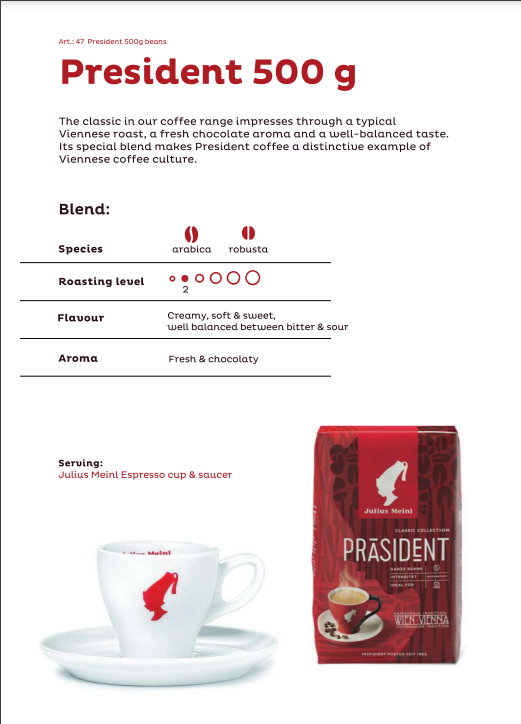 Julius Meinl Prasident Whole Roasted Coffee Beans 500gm